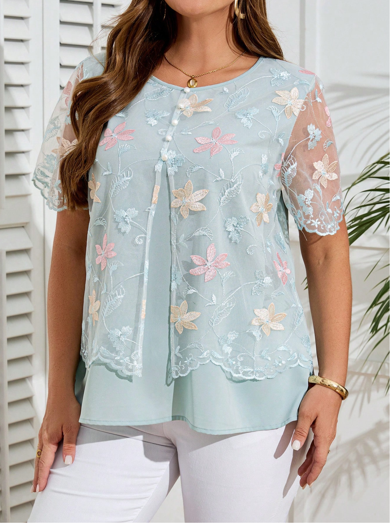 EMERY ROSE Plus Size Women Floral Embroidered Mesh Round Neck Short Sleeve Fashion