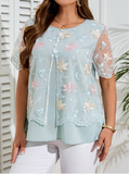 EMERY ROSE Plus Size Women Floral Embroidered Mesh Round Neck Short Sleeve Fashion