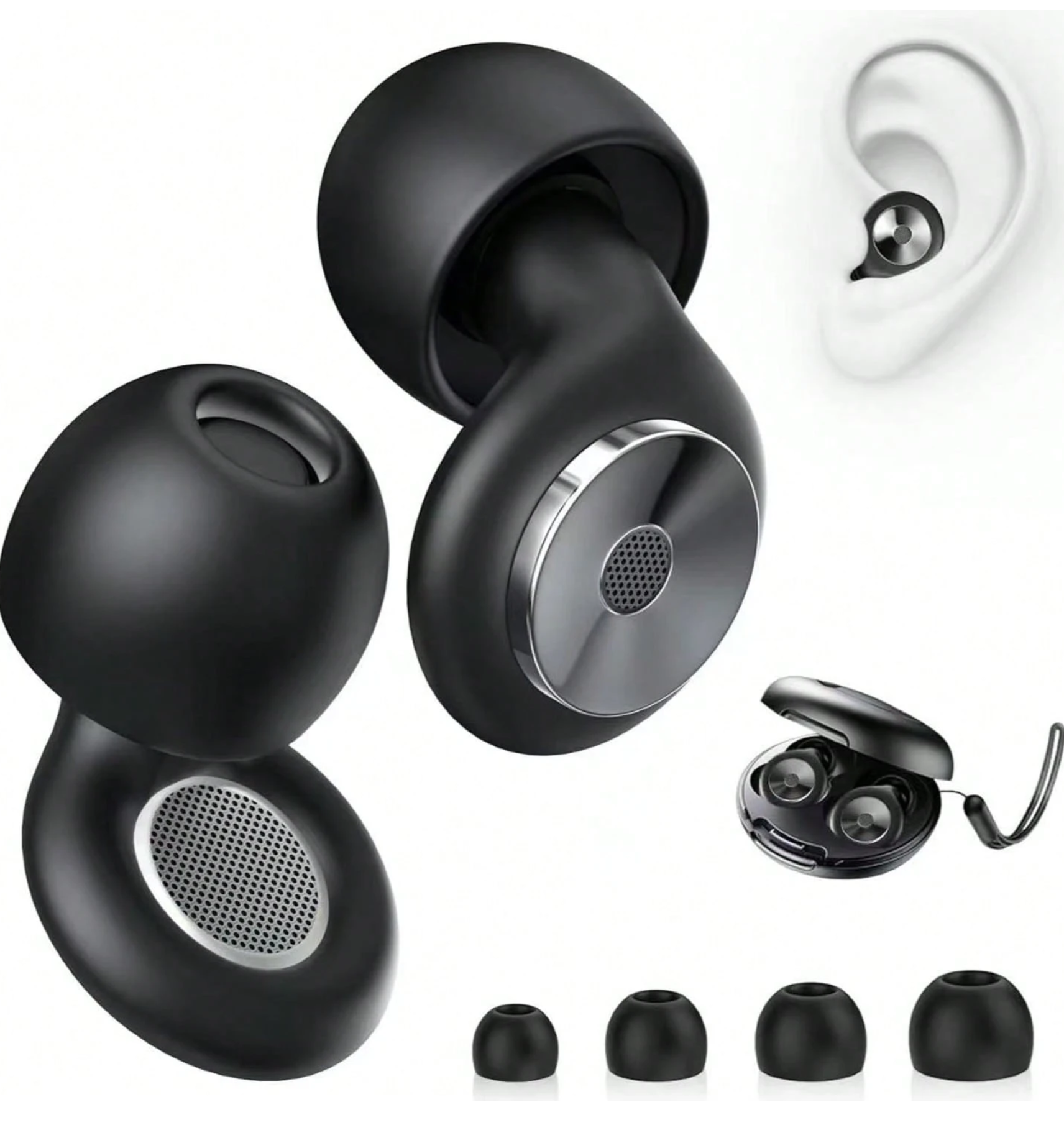 airskyce 2PCS 3.35inch Black Sleeping Noise Canceling Earplugs, Soft Reusable Silicone Earplugs, NRR 30dB