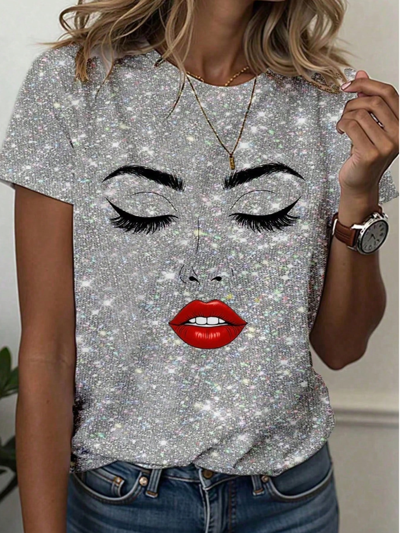 SHEIN Essnce Women's T-Shirt Abstract Human, Minimalist Face Line Drawing Printed Short Sleeve Crew