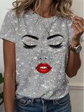SHEIN Essnce Women's T-Shirt Abstract Human, Minimalist Face Line Drawing Printed Short Sleeve Crew
