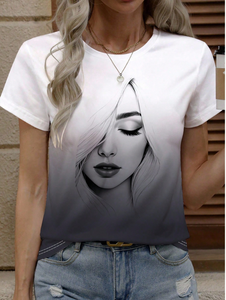 SHEIN LUNE Women Minimalist Human Face Line Art Print Ombre Short Sleeve Crew Neck T-Shirt, Casual Summer