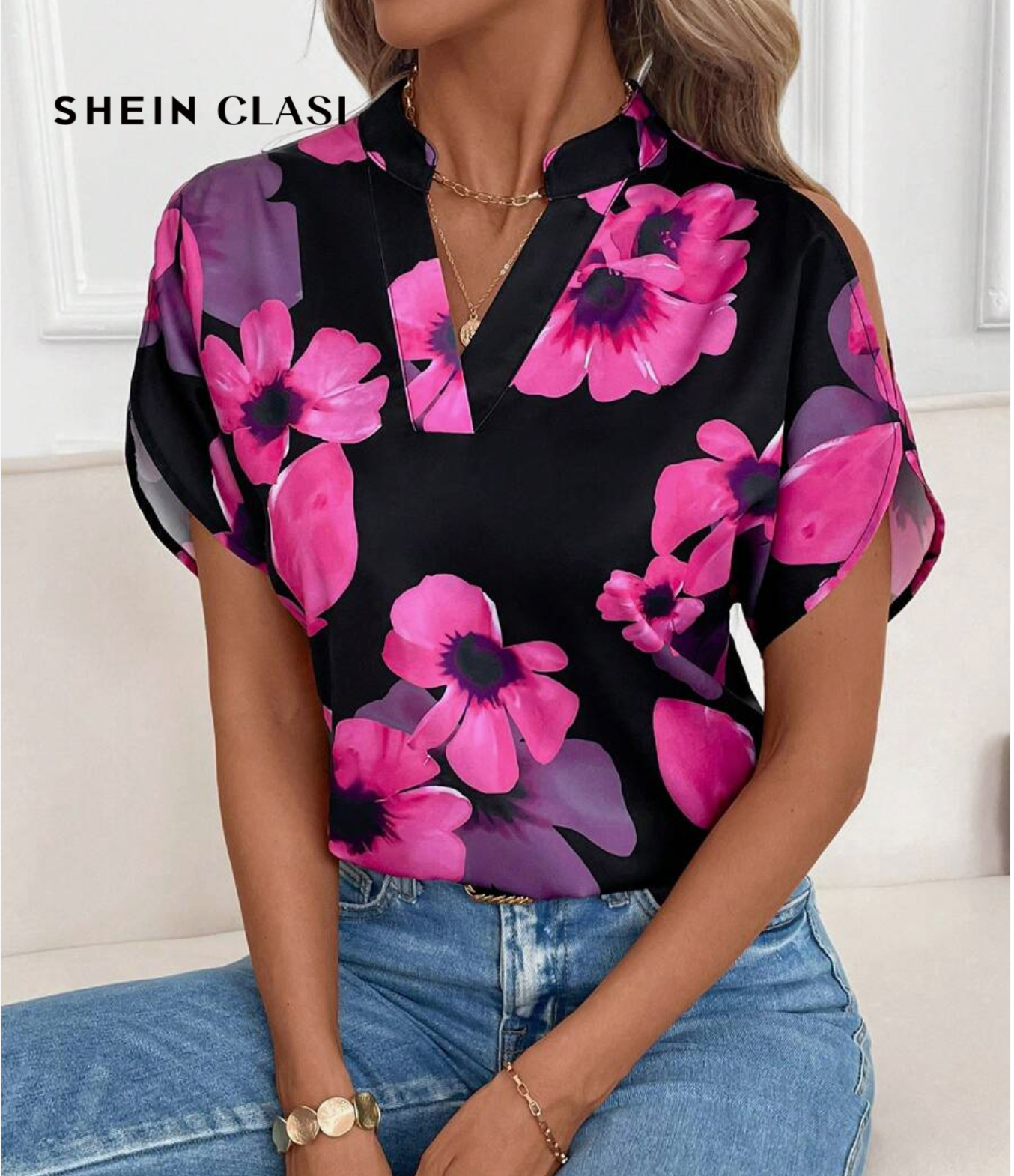 SHEIN Clasi Summer Elegant Women's Flower Printed V-Neck Sleeve Hollow Short Sleeve Blousefall