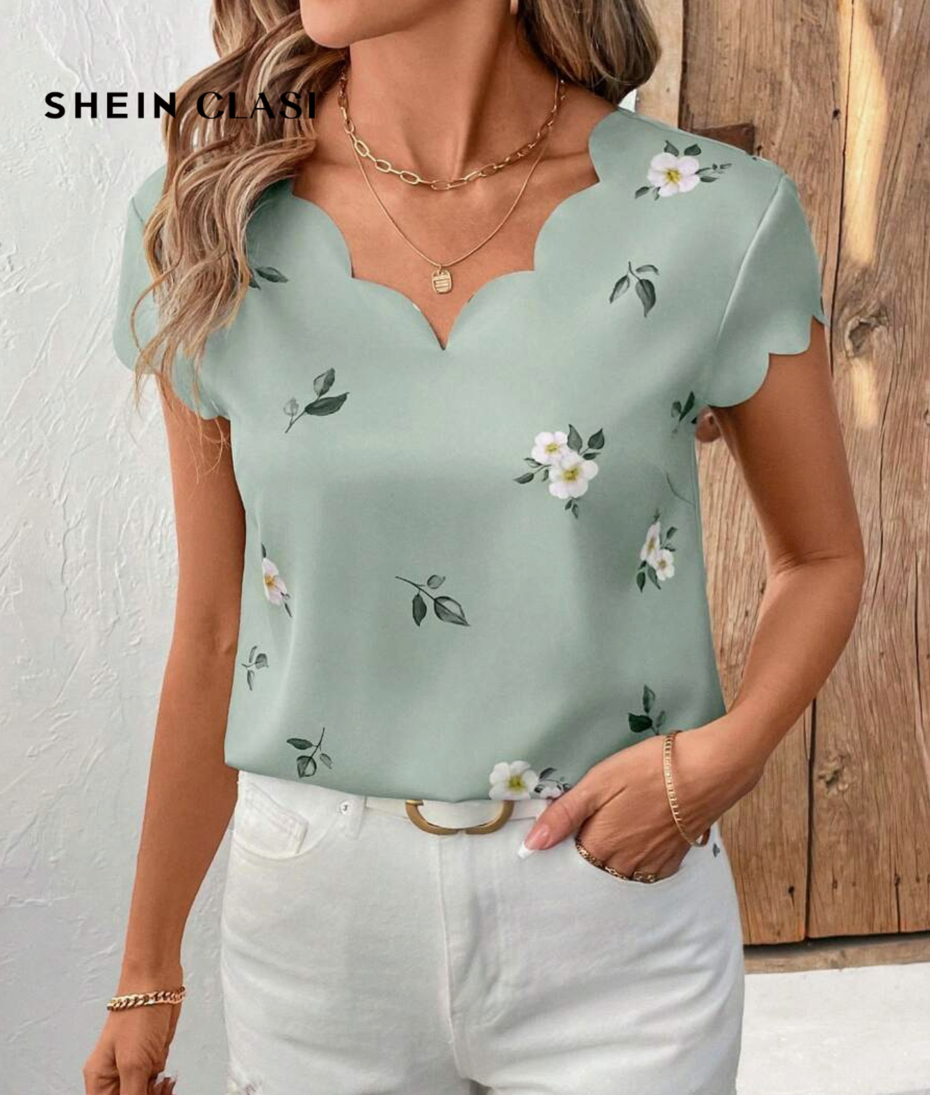SHEIN Clasi Women's Elegant V-Neck Shell Trim Green Floral Print Sleeveless Summer Blouse