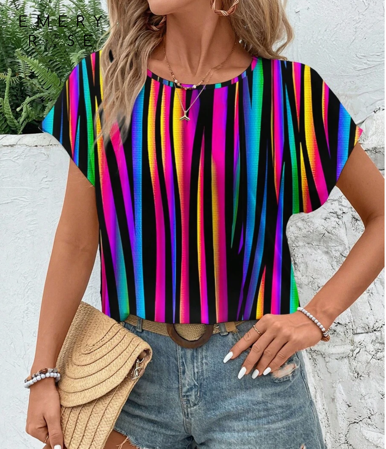 EMERY ROSE Colorful Striped Casual Minimalist Women Crew Neck Blouse, Suitable For