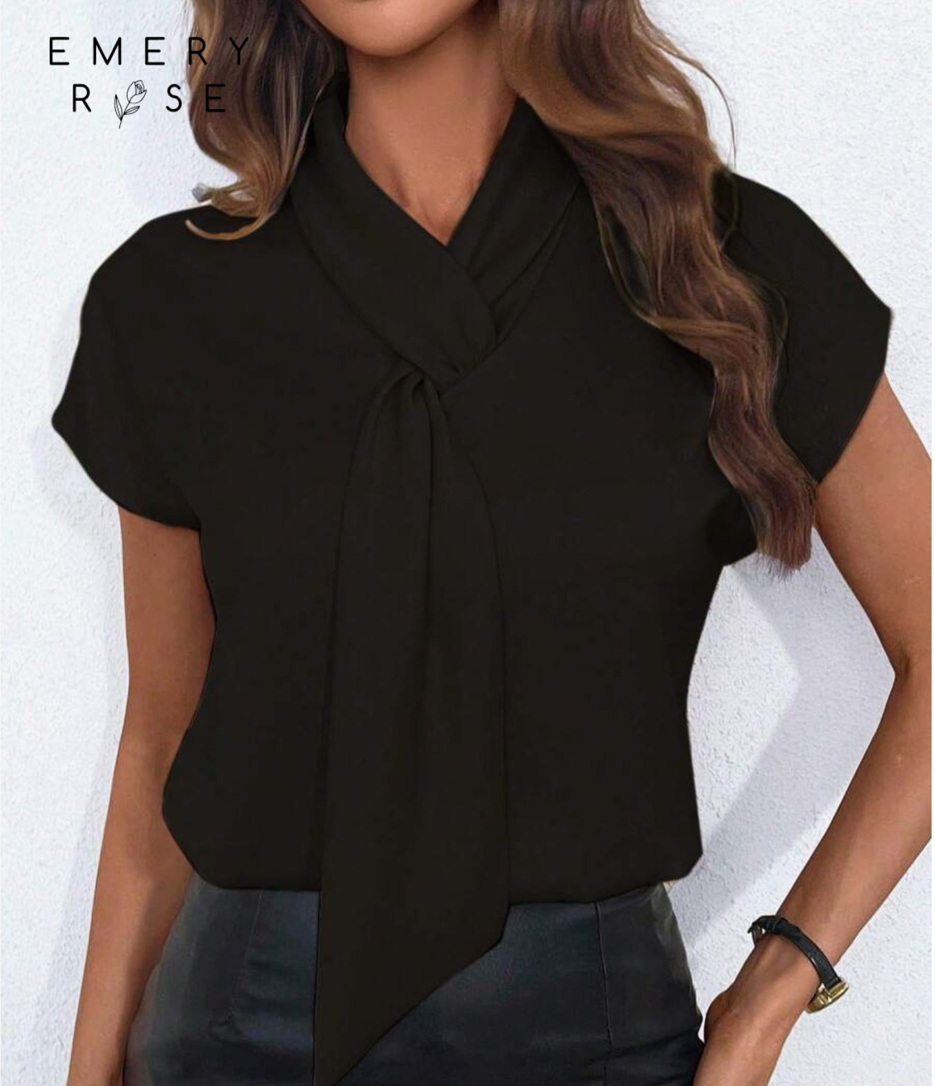 EMERY ROSE Solid Color V-Neck Ribbon Tie Batwing Sleeve Blouse