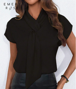 EMERY ROSE Solid Color V-Neck Ribbon Tie Batwing Sleeve Blouse