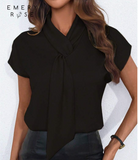 EMERY ROSE Solid Color V-Neck Ribbon Tie Batwing Sleeve Blouse