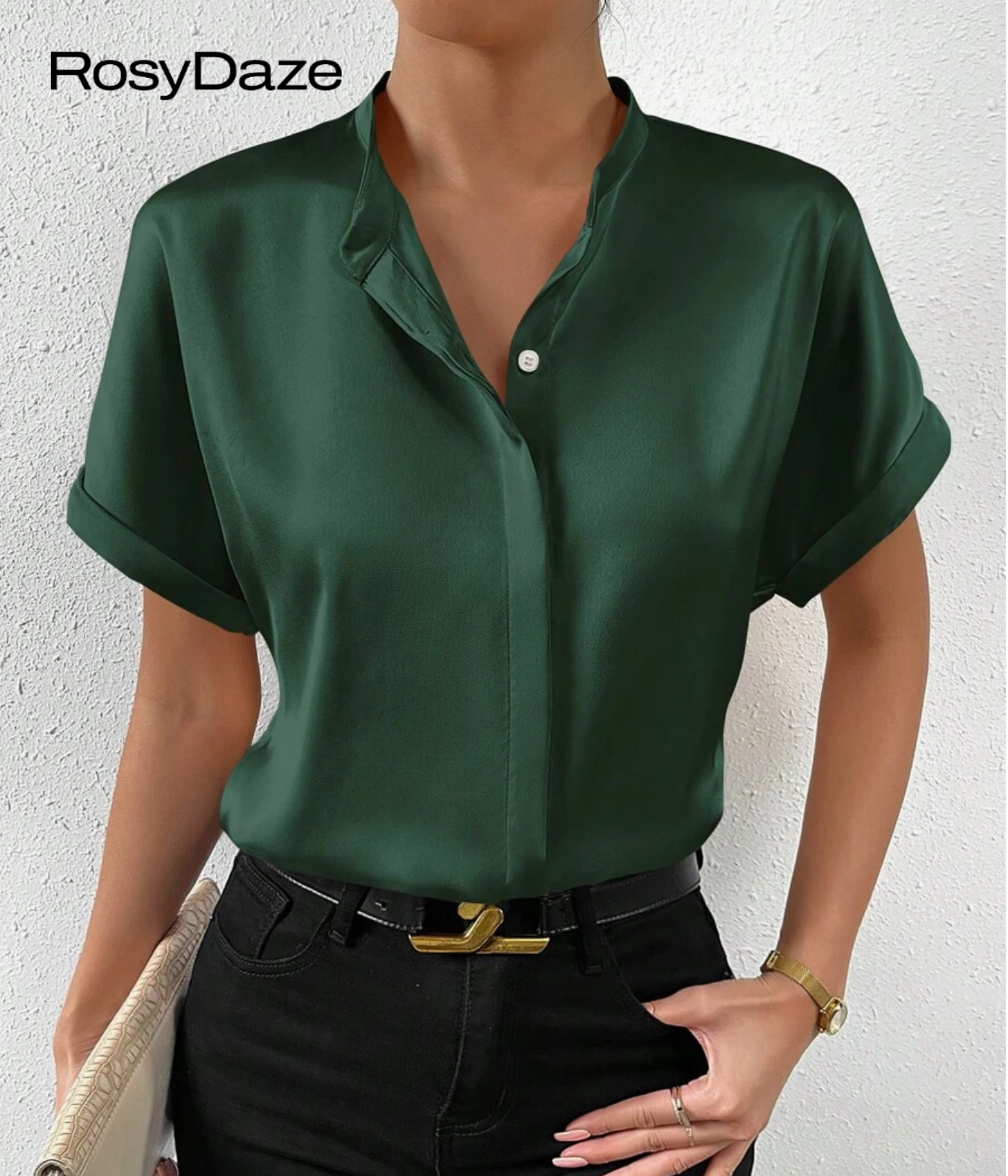RosyDaze Solid Button Front Batwing Sleeve Satin Shirt,Short Sleeve Tops