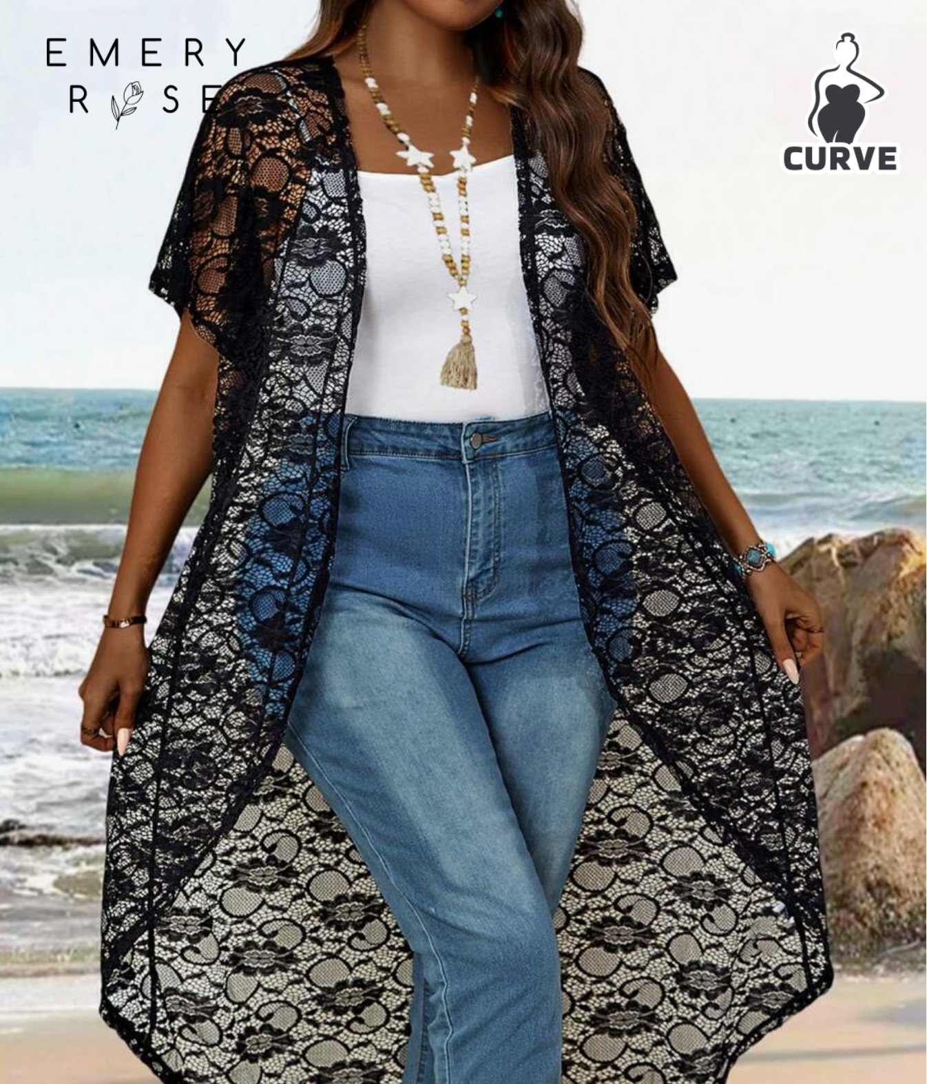 EMERY ROSE Plus Size Women'S Black Lace Short Sleeve Front Open Jacket For Summer