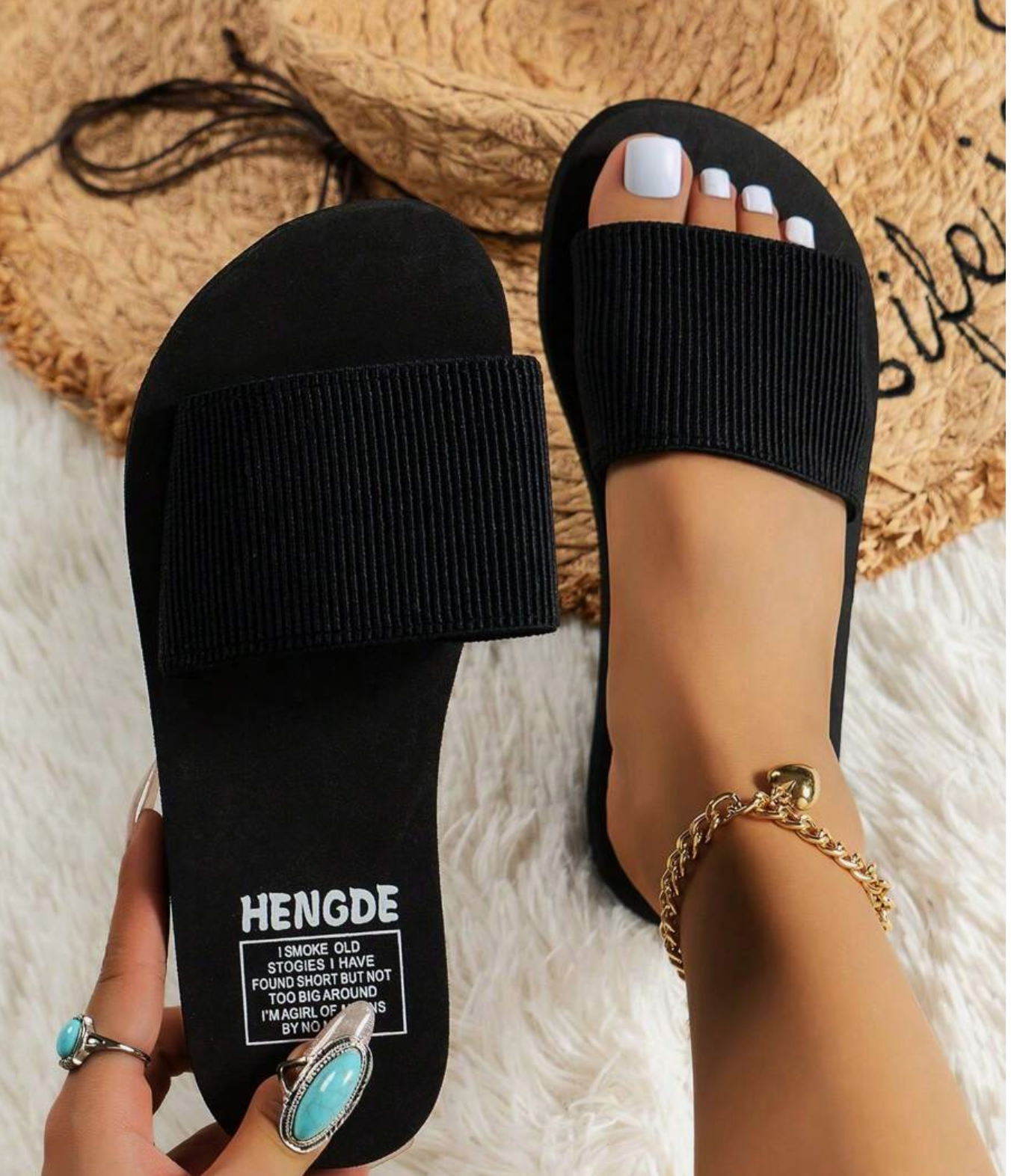 Women's Lightweight Simple Casual Elastic Band Plastic Soft Bottom Flat Slide Sandals, Black, Suitable For Party,