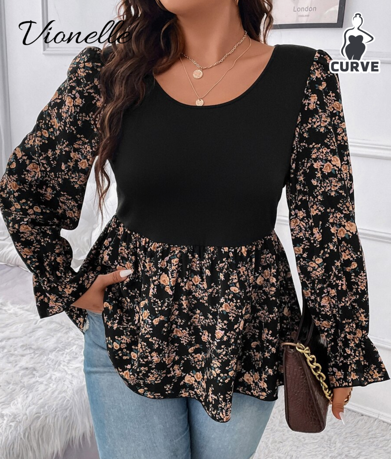 Vionelle Plus Size Women Crew Neck High Elastic Knit Tank Top, Colorblocked Ditsy Ditsy Floral Fabric, Fitte