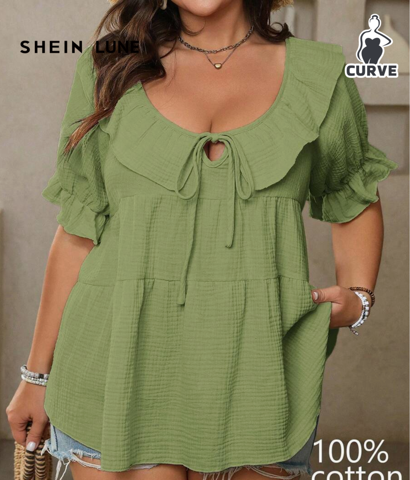 SHEIN LUNE Plus Size Women Ruffled Collar, Tie Front Short Sleeve Solid Color Shirt, Spring/Summer Wear