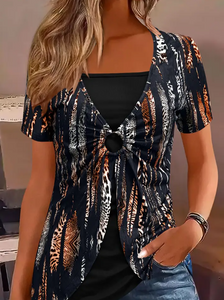 Stylish Women's Top | Short Sleeve, Square Neck, Layered Look, Black/Orange/Brown Animal Print Design, Casual Yet Stylish for Casual Attire, Comfortable Fashion,