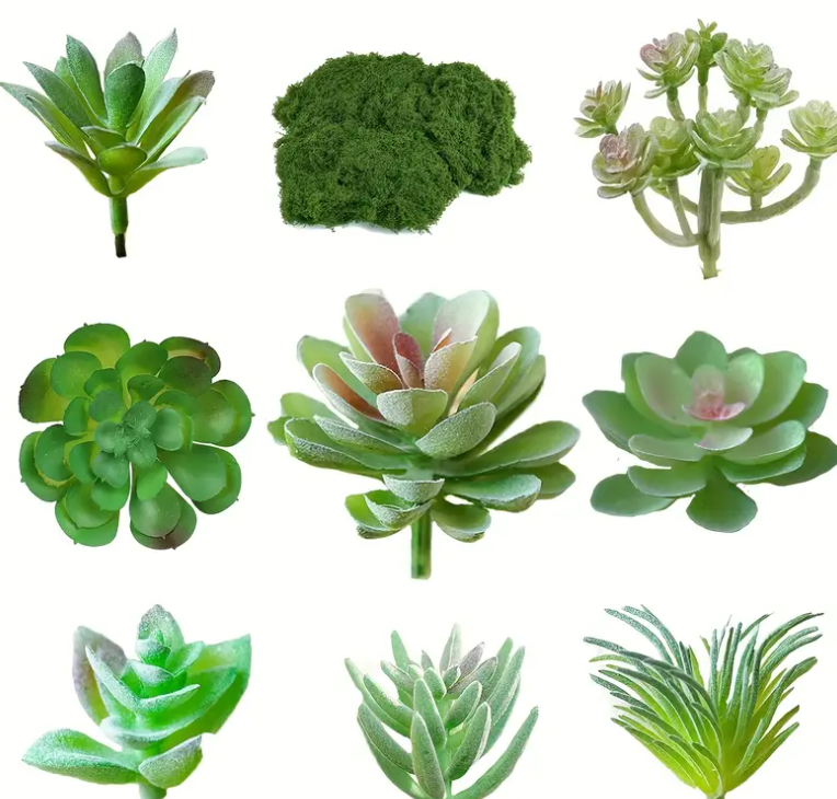 8pcs Realistic Artificial Succulent Plants with Green Moss - Fake Succulents in Green Shades