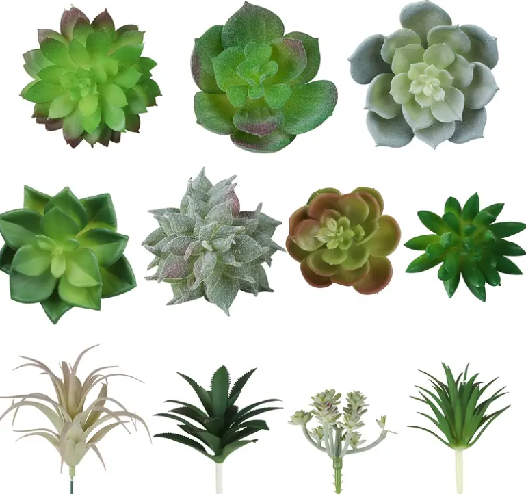 11pcs Mini Artificial Succulent Picks - Flocked Green Faux Succulent Assortment in Various Shapes & Sizes for Indoor/Outdoor Home Decor, Wreaths, and Garden Arrangements