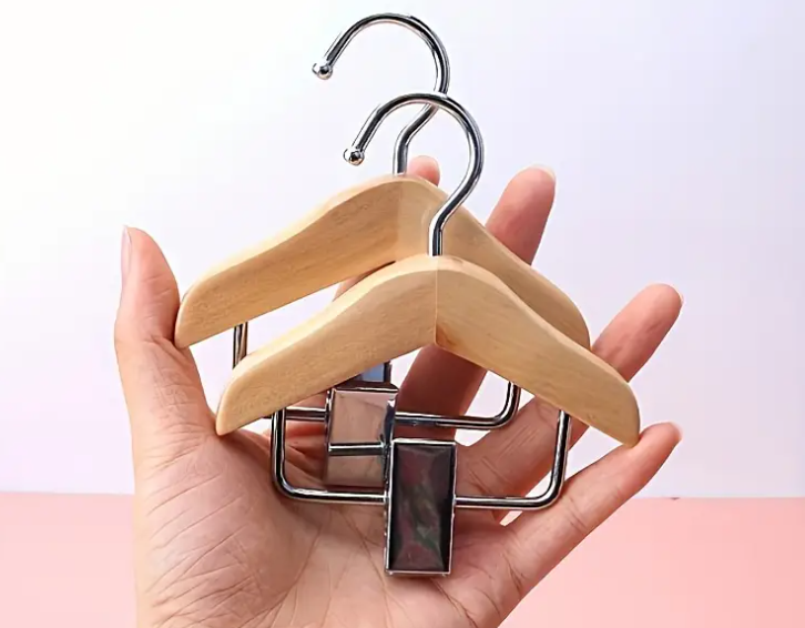 10-Pack Mini Wooden Clothes Hangers with Stainless Steel Clips - Pet Apparel & Accessories Hanging Storage Rack, Polished Finish, Space-Saving Design for Small Items