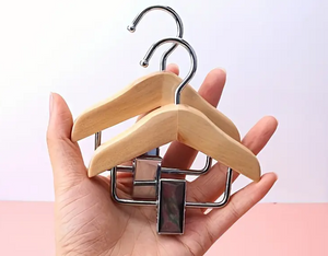10-Pack Mini Wooden Clothes Hangers with Stainless Steel Clips - Pet Apparel & Accessories Hanging Storage Rack, Polished Finish, Space-Saving Design for Small Items