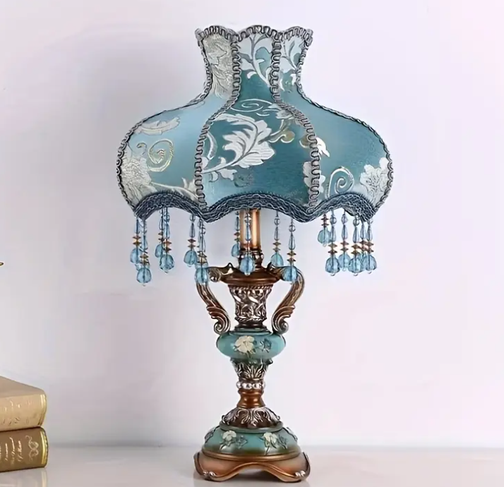 Elegant Victorian-Style Table Lamp with Floral Pattern & Beaded Tassels - USB Powered Vintage European Romantic Light for Living Room, Bedroom, or Wedding Decor, Blue & White Design,