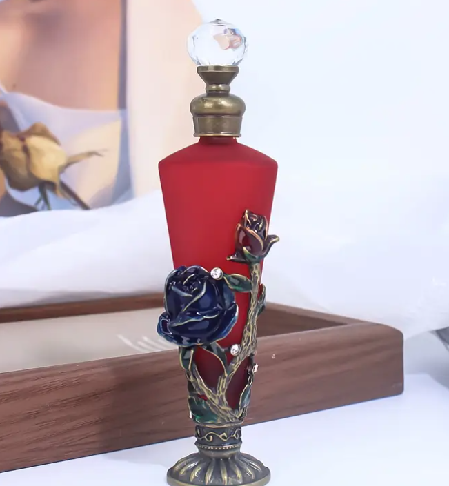 18ml/25ml Tapered Enamel Rhinestone Hand-Painted Rose Perfume Bottle - Vibrant Colors, Floral Patterns, Portable Reusable Beautifully Decorated Bottle - Holiday Travel Perfume and Essential Oil Dispenser Bottle (Unscented, Empty Only)