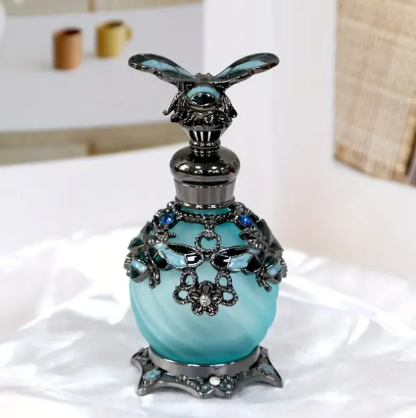 15ml Blue Bee Pattern Perfume Bottle - Metal Rectangular Travel-Sized Refillable Container, Contemporary Home Decor & Dressing Table Ornament, Handcrafted Ladies Festival Gift