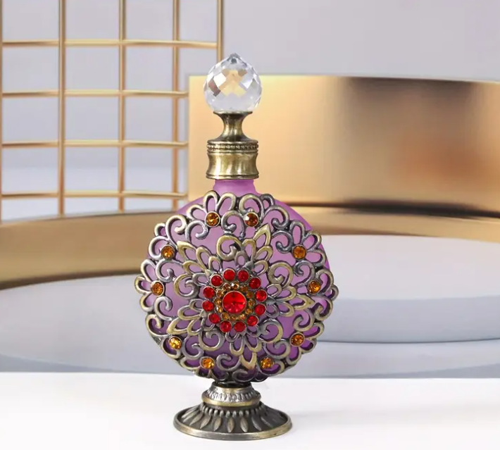30ml Middle Eastern Dubai Antique Glass Perfume Bottle - Vintage Essential Oil Container with Top, Metal Accents & Glass Dropstick, Intricate Floral Motifs, PVC-Free Empty Scented Oil Bottle for Home Decor,, or Gift, Decorative Fragrance Container