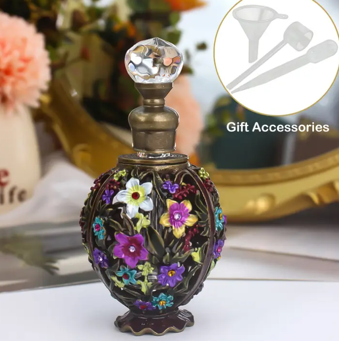 [Vintage Perfume Bottle] Refillable 12ml Vintage Enamel Floral Perfume Bottle | Essential Oil Container,