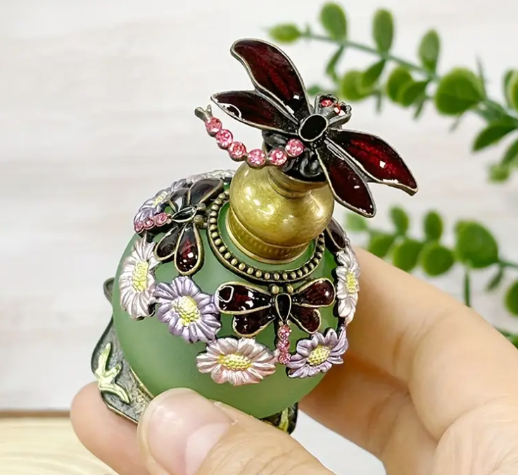 25ml Green Dragonfly & Floral Glass Perfume Bottle with Golden Cap - Reusable, PVC-Free Metal, Ideal for Home Vanity Decor, Women'S Gift, Travel Essentials