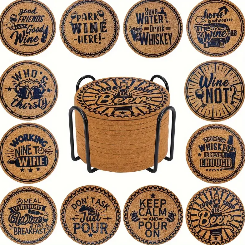 12pcs, Cork Coasters Set - Funny Words Absorbent Cork Coaster Bar Cork Coaster Housewarming Gift for New Home Gift for Friends, Living Room Decoration, Apartment Decoration with Storage Rack
