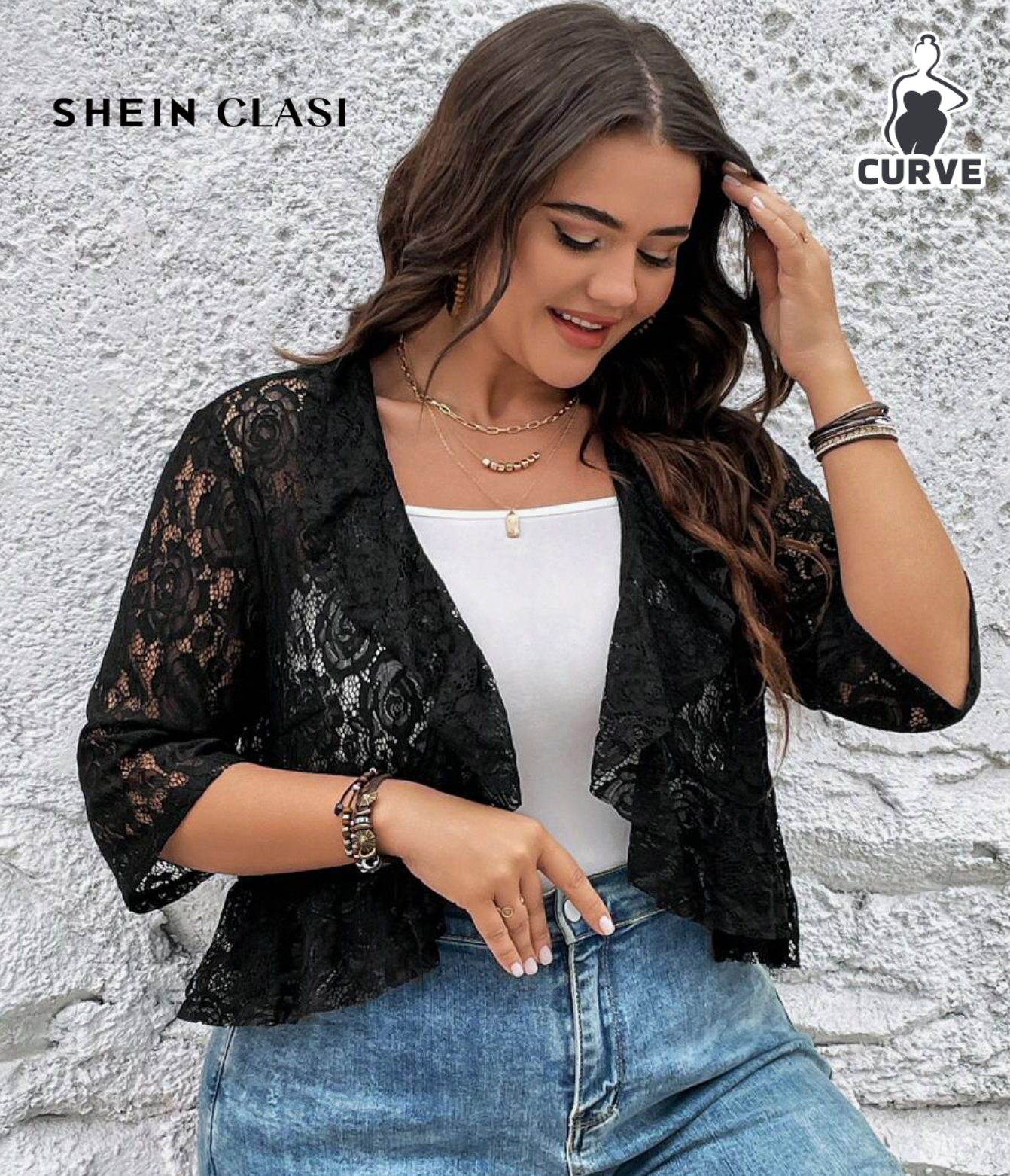 SHEIN Clasi Plus Open Front Ruffle Hem Lace Jacket