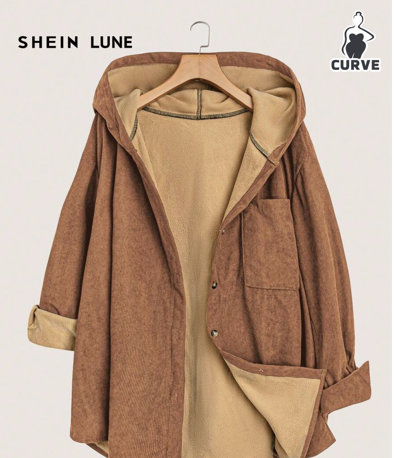 SHEIN LUNE Plus Size Women Solid Color Long Sleeve Pocket Single-Breasted Casual Hooded Jacket, Fall