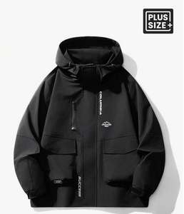 Plus Size Men's Utility Print Long Sleeve Loose Fit Varsity Style Windbreaker Jacket