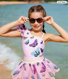 Tween Girls Cute Butterfly Print Asymmetric Neck One-Piece Swimsuit With Coverup & Mini Skirt Summer Holiday