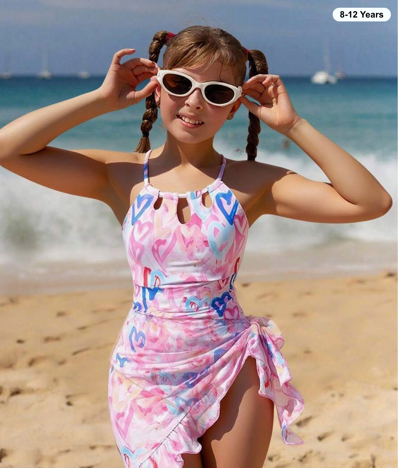 Tween Girls One-Pieces Heart Print Pattern One-Piece Swimsuit With Mesh, Fashionable 2 Pieces Set Tween