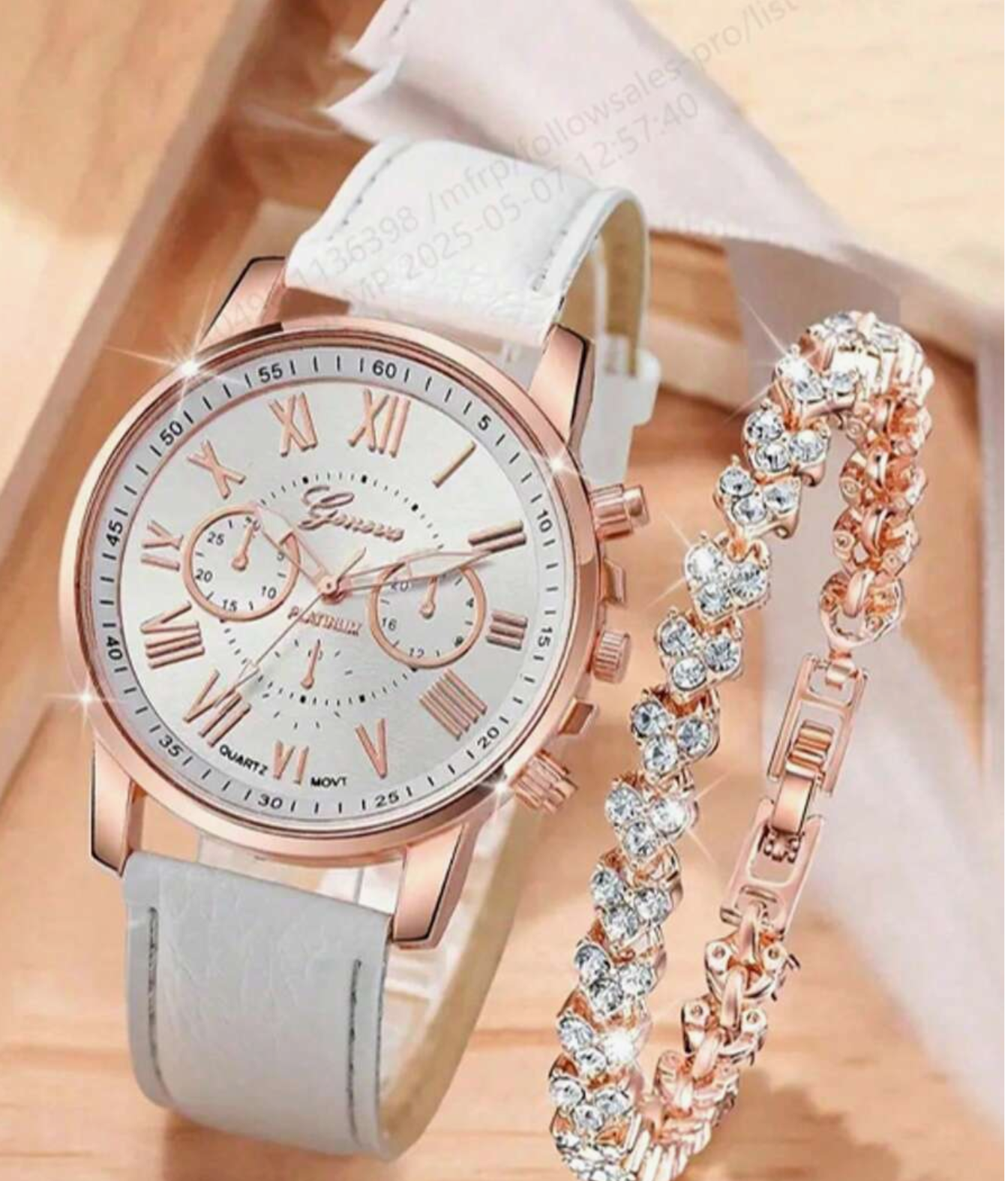 2pcs/Set Ladies' Casual Round Pointer Quartz Watch Women's Simulation Pu Leather Watch & Bracelet, Great