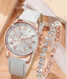 2pcs/Set Ladies' Casual Round Pointer Quartz Watch Women's Simulation Pu Leather Watch & Bracelet, Great