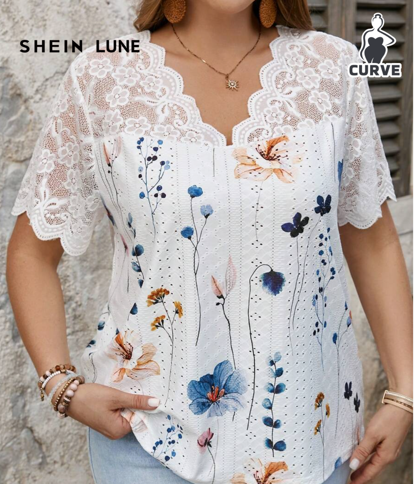 SHEIN LUNE Plus Size Women's V-Neck Lace Patchwork Plant Print T-Shirt Summer Outfits For Women