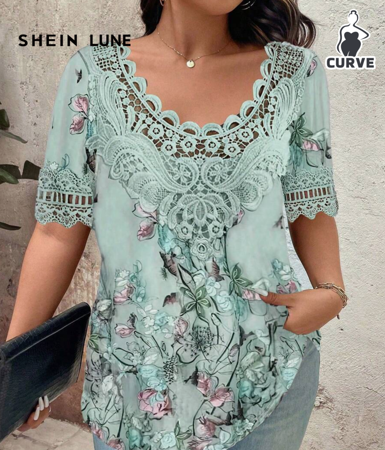 SHEIN LUNE Plus Size Women's Ruffle Collar Floral Print Short Sleeve T-Shirt, Casual Minimalist Fashion For Daily