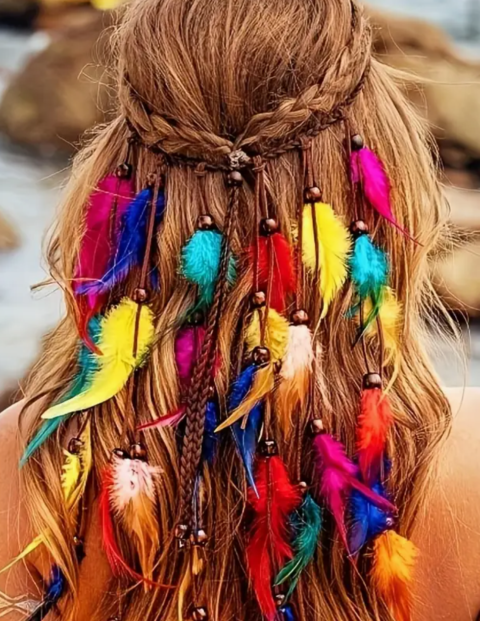 1pc Boho Faux Feather Headband – Vibrant Rainbow Hippie Hair Accessory with Beads and Tassels for Women,