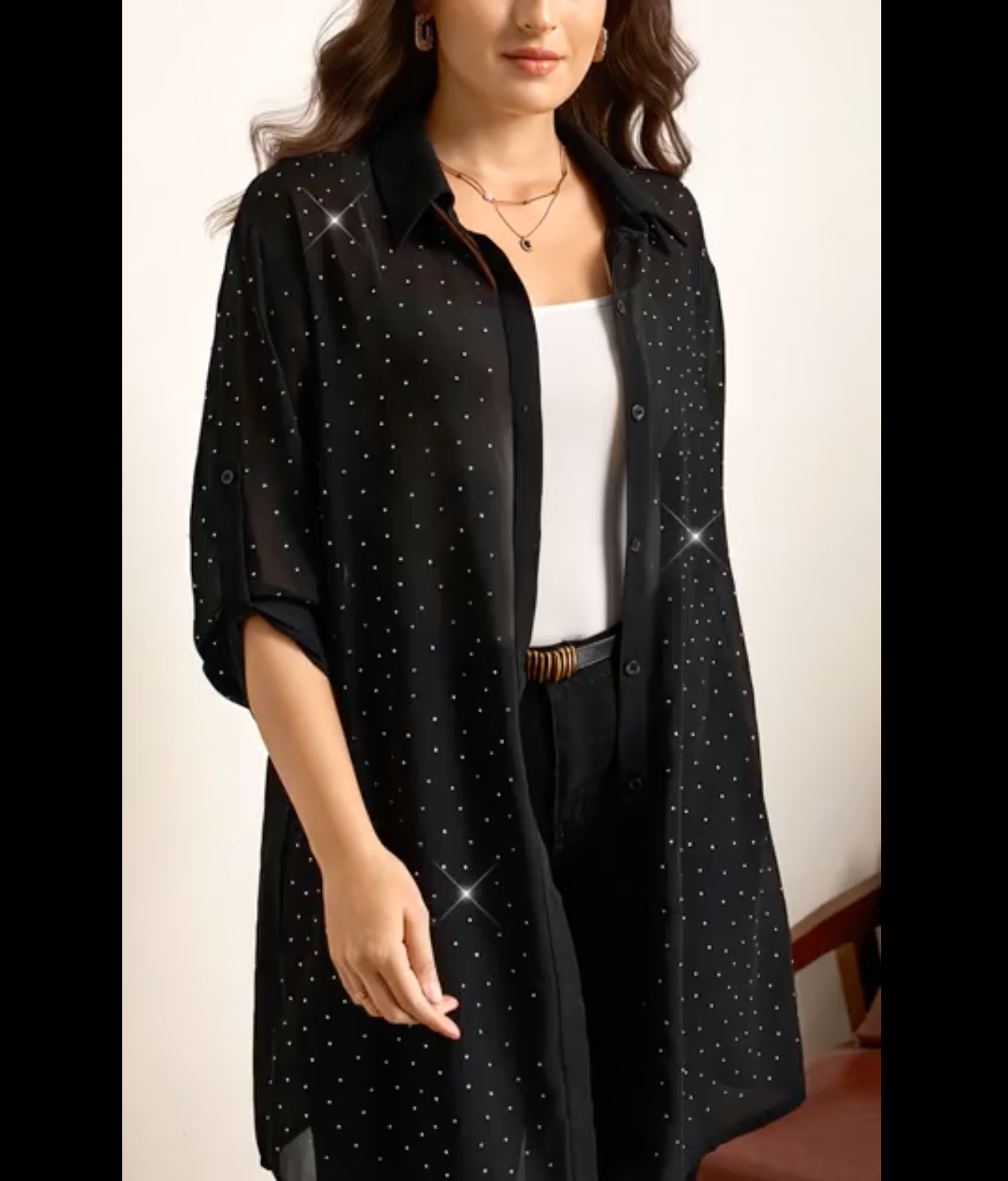 Chikora Plus Size Women's Rhinestone Mesh Ruffle Sleeve Single-Breasted Long Shirt Fall Clothes Plus