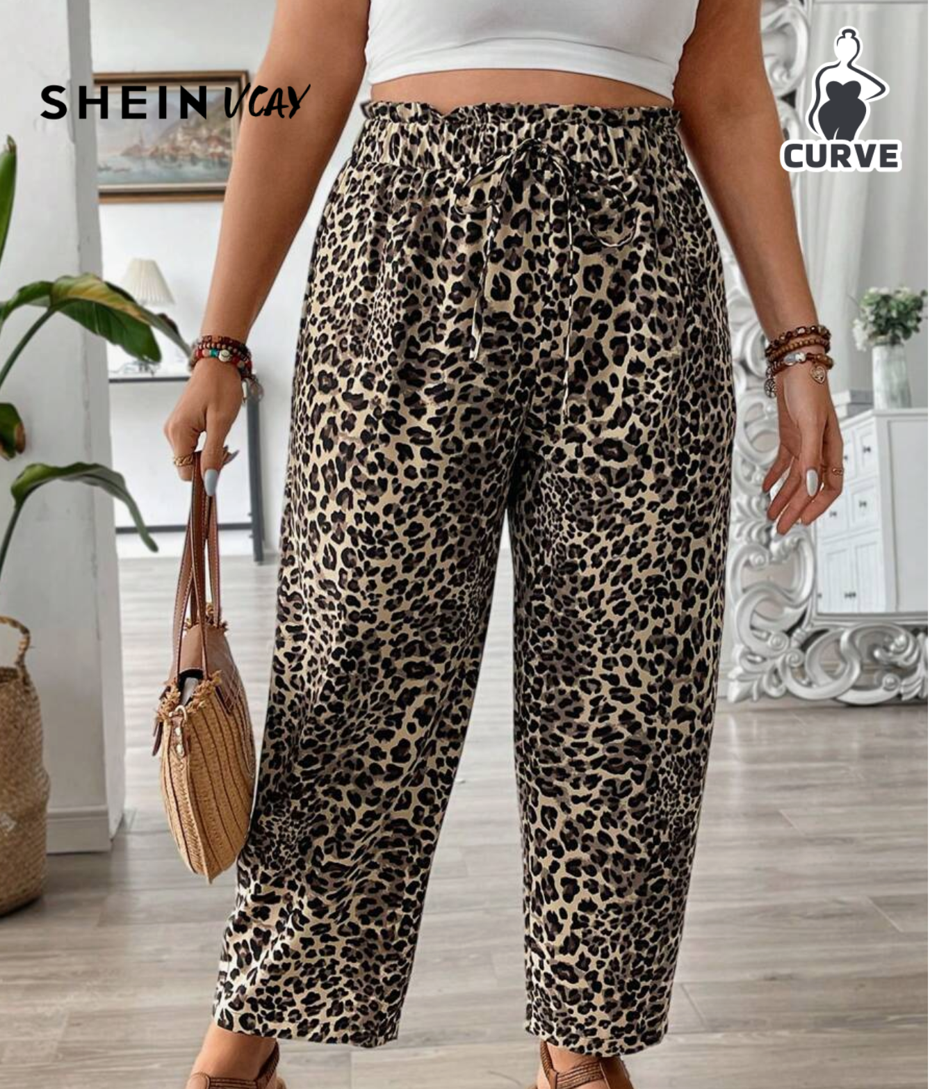 SHEIN VCAY Plus Size Leopard Print Paper Bag Waist Tie Casual Pants