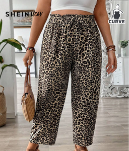 SHEIN VCAY Plus Size Leopard Print Paper Bag Waist Tie Casual Pants