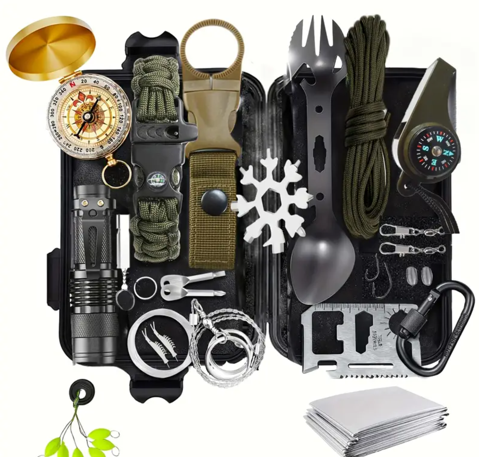 Emergency Survival Kit with Multi-Tool - Heavy-Duty Outdoor Survival Gear, Compact Case with Rope, Saw, Compass, Thermometer - for Camping, Hiking, Backpacking, Travel - Ideal Gift for Dad, Adventurers, Outdoor Enthusiasts (Black)