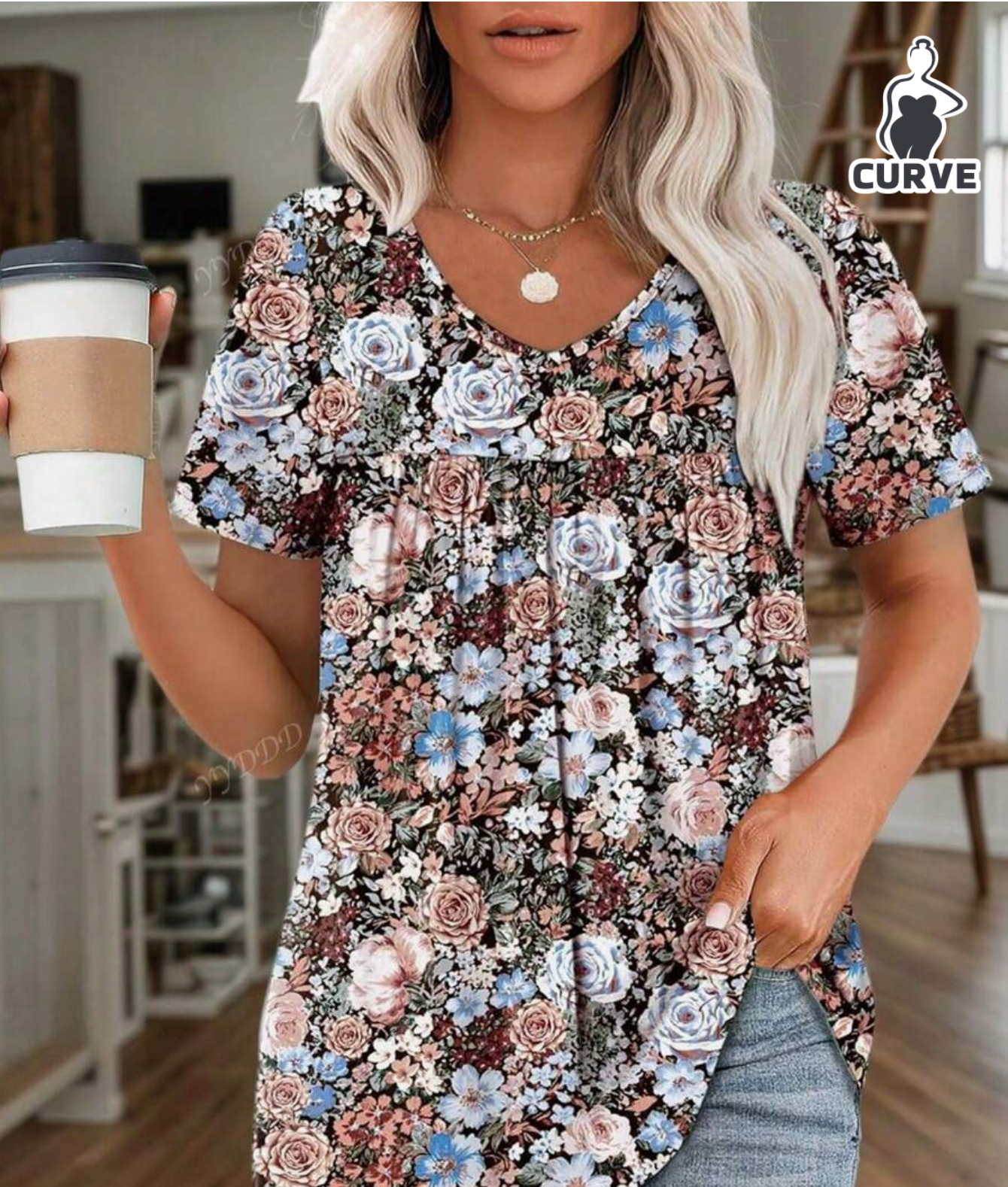 Plus Size Women V-Neck Casual Short Sleeve Printed T-Shirt, Suitable For Vacation