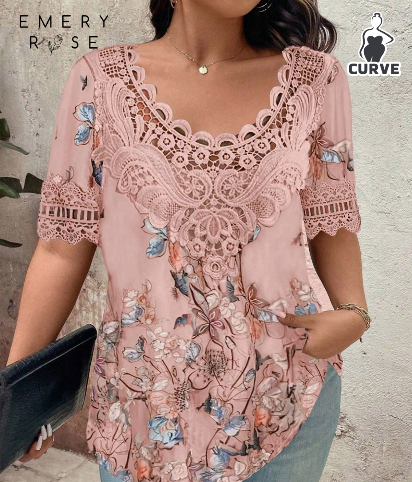 EMERY ROSE Plus Size T-Shirt With Flower Embroidered Collar Graphic Tees Women Tops