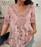 EMERY ROSE Plus Size T-Shirt With Flower Embroidered Collar Graphic Tees Women Tops