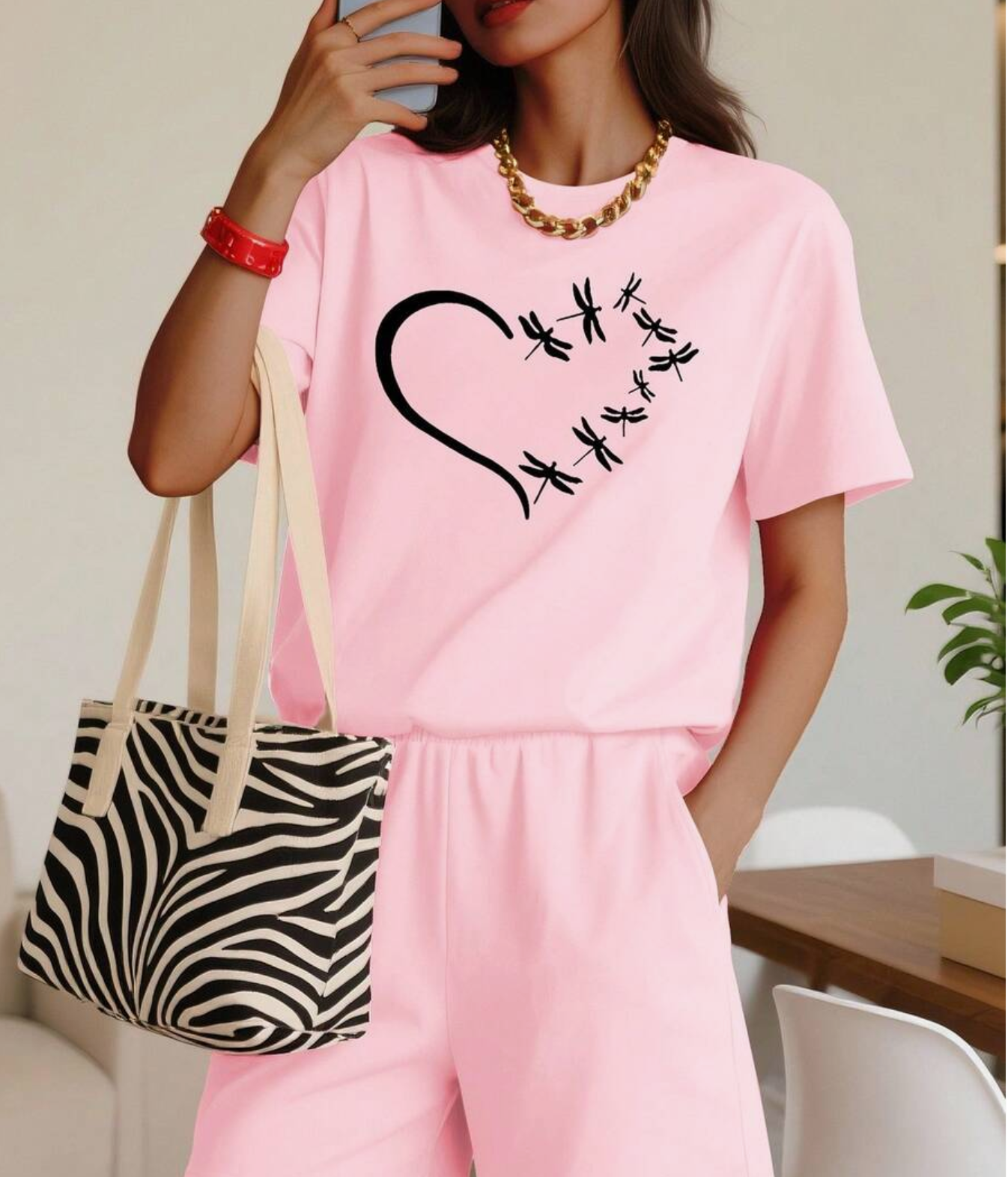2pcs Women's Casual Dragonfly & Heart Print T-Shirt And Shorts Set, Summer
