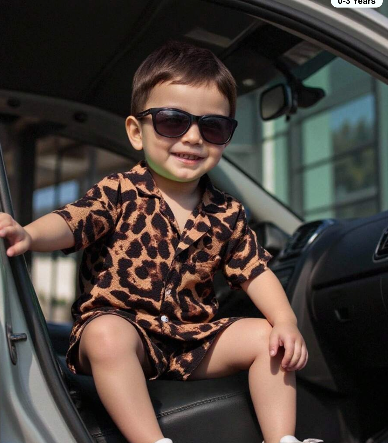 SHEIN 2pcs Baby Boy Leopard Pattern Lapel Short Sleeve Cardigan Top And Elastic Waist Shorts