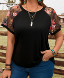 EMERY ROSE Plus Size Women Floral Lace Patchwork Short Sleeve T-Shirt,Western Wear Women