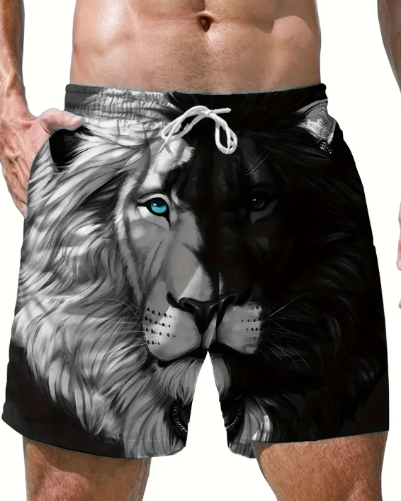 Men's Lion Print 3D Digital Beach Shorts - Quick-Dry,